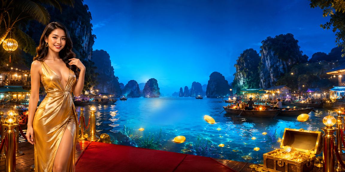 Người chơi trải nghiệm trò chơi casino trực tuyến với cảnh vịnh Hạ Long ở phía sau