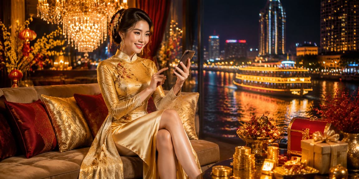 Người chơi casino trực tuyến trên điện thoại di động tại vùng đồng bằng sông Cửu Long với trang phục áo dài